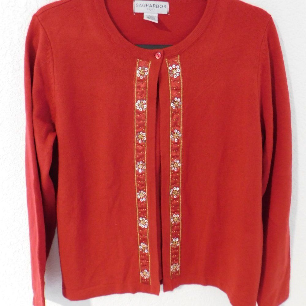 Sag Harbor Women's Red Embellished Cardigan Sweater 1 button Open Front Petite L